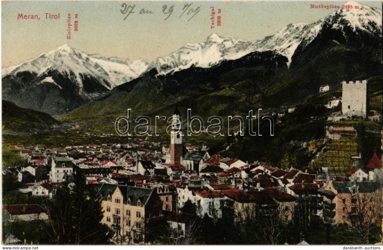 * T2 1909 Merano, Meran (Südtirol); Zielspitze, Tschigal, Muthspitze. Photo Baryt. Hugo Radeck Kunstv.-Anstalt No. 1700. - Non Classés