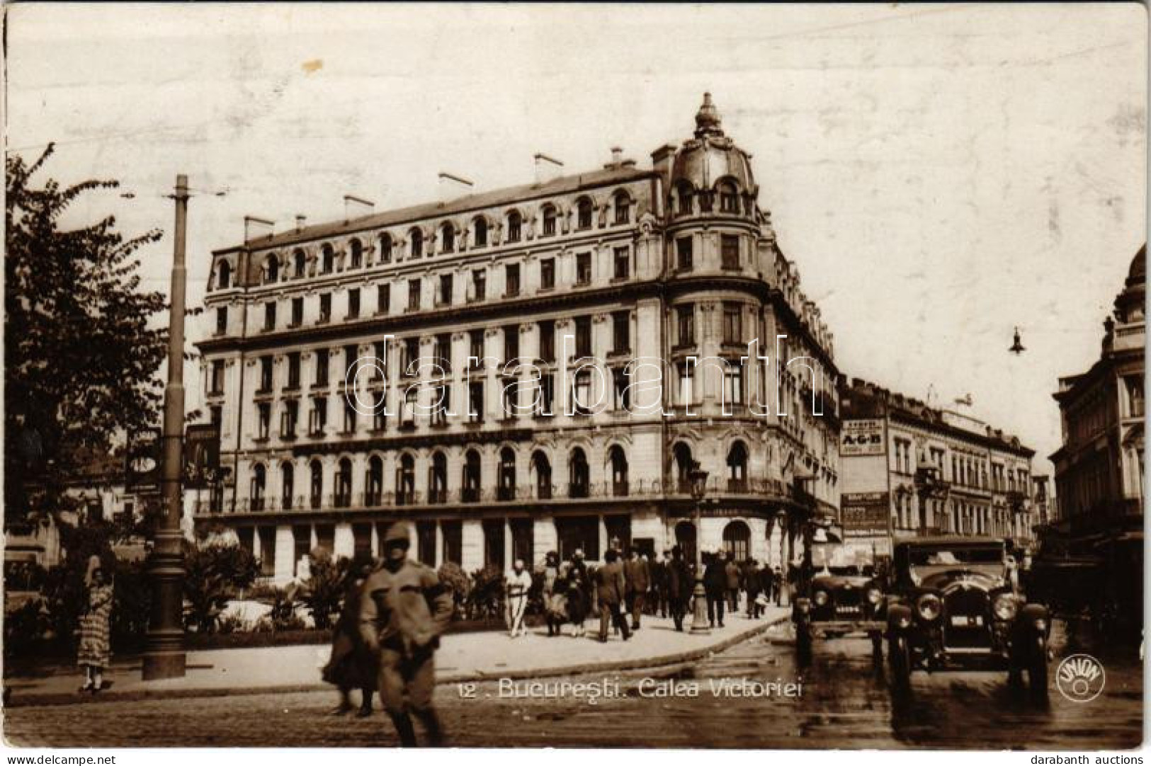 * T3 1930 Bucharest, Bukarest, Bucuresti, Bucuresci; Calea Victoriei / Street View, Automobiles (ragasztónyom / Glue Mar - Non Classificati