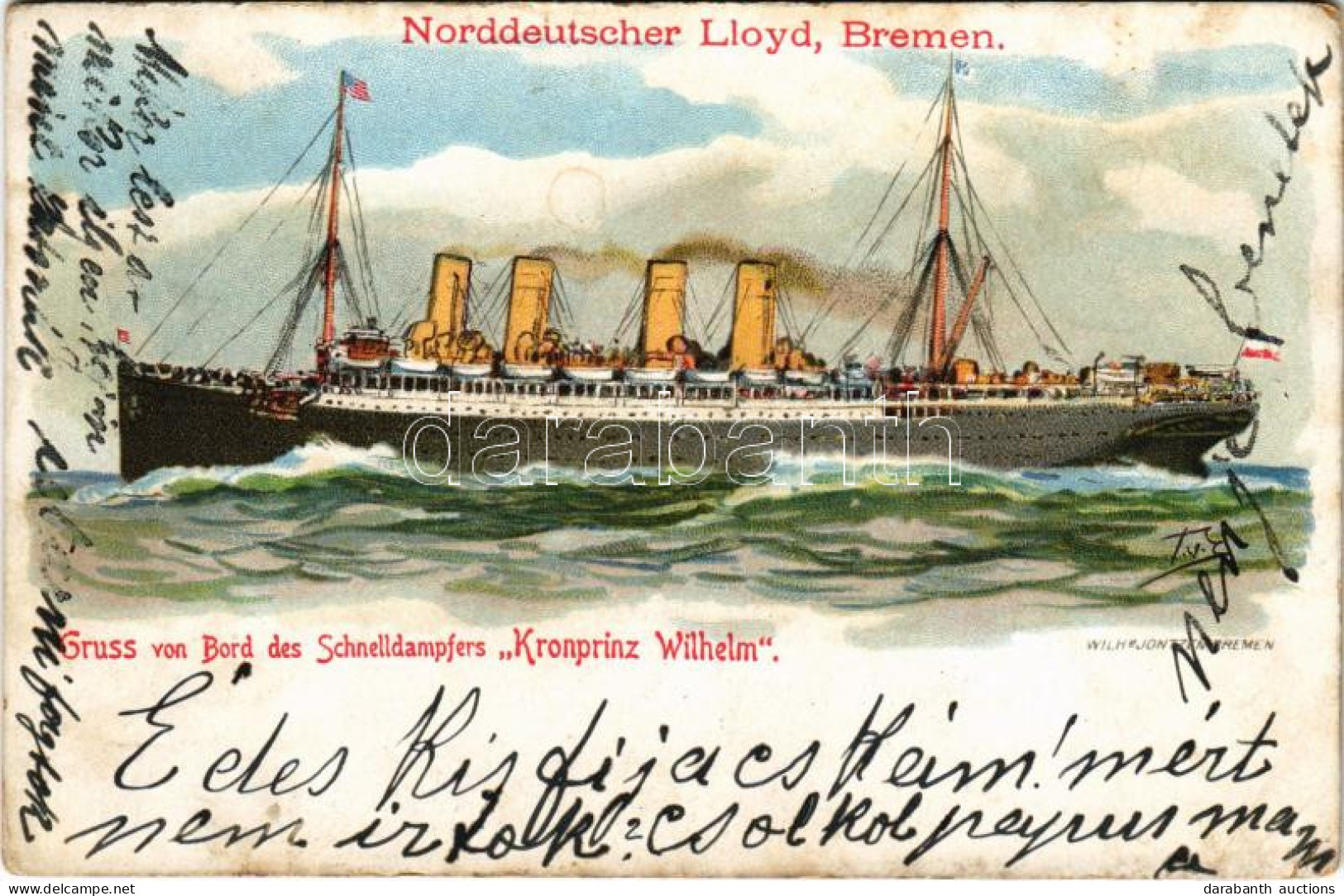 T2/T3 1908 Norddeutscher Lloyd Bremen, Gruss Von Bord Des Schnelldampfers "Kronprinz Wilhelm" Litho (EK) - Non Classés