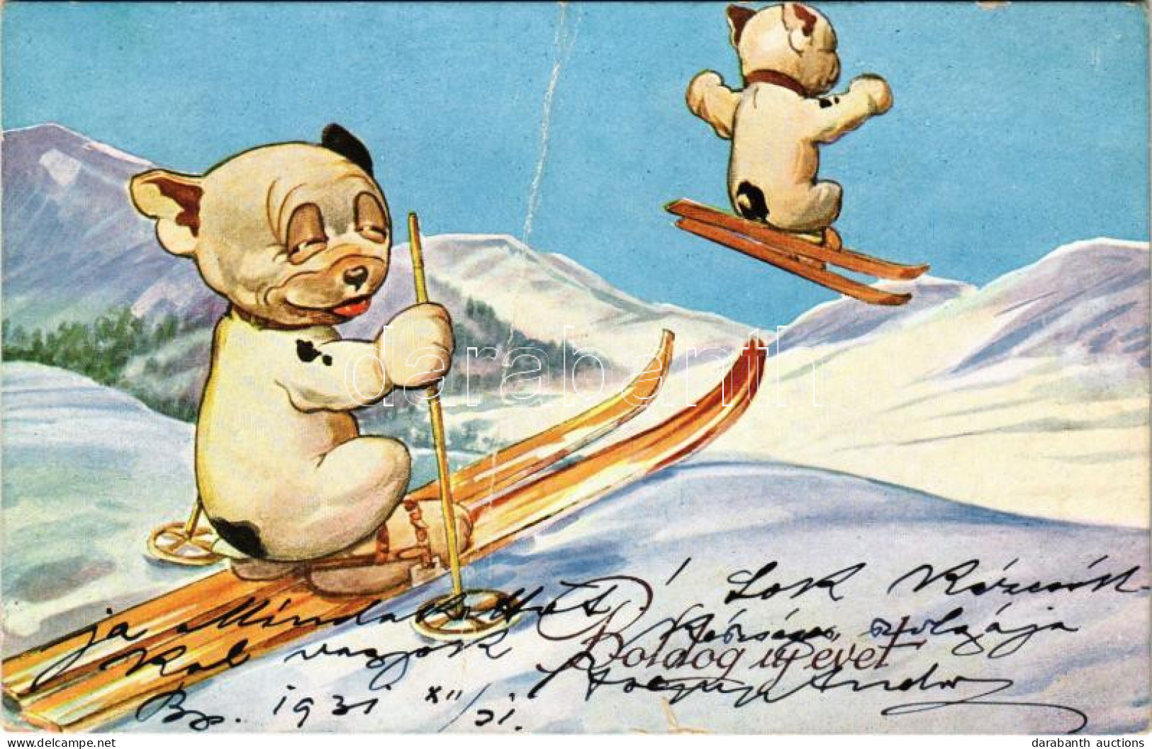 T4 1931 Boldog újévet! Síelő Bonzo Kutya, Téli Sport / New Year Greeting, Bonzo Dog Skiing, Winter Sport. WSSB 8842/1. ( - Non Classés