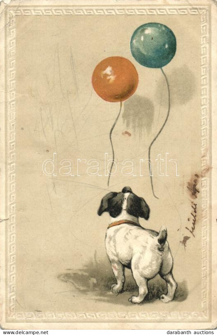 T3/T4 Dog With Balloons, Emb. Litho (small Tear) - Unclassified