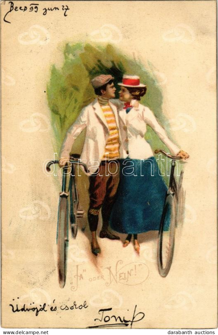 T2/T3 1899 Ja Oder Nein / Romantic Couple, Lady With Cyclist, Bicycles. Litho - Non Classés