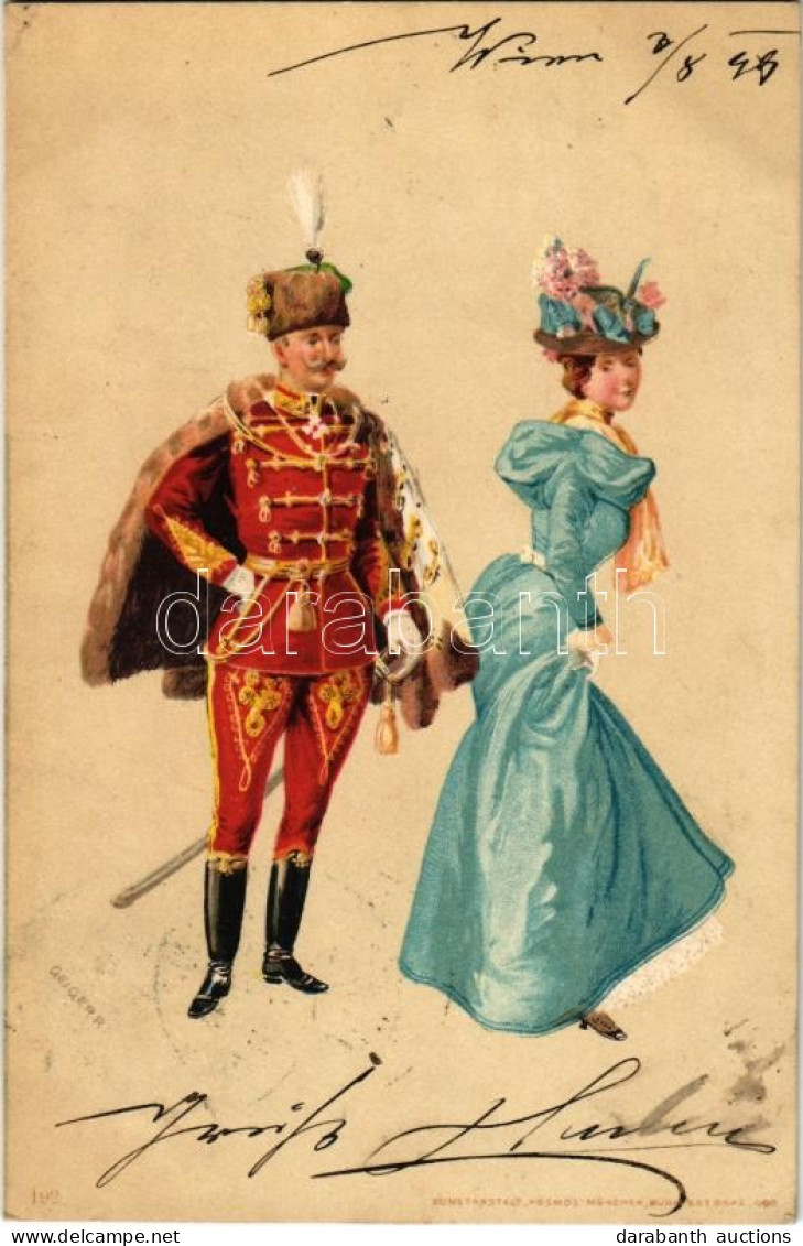 T2/T3 1899 Hungarian Romantic Art Postcard, Dance Ball, Lady With Officer. Kunstanstalt Kosmos Litho S: Geiger R. - Ohne Zuordnung