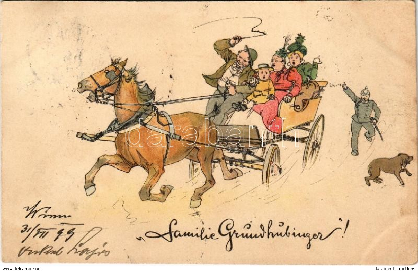 T2/T3 1899 Wien, Vienna, Bécs; "Familie Grundhübinger" / Viennese Horse-drawn Carriage, Folklore Art Postcard. Litho (fl - Sin Clasificación