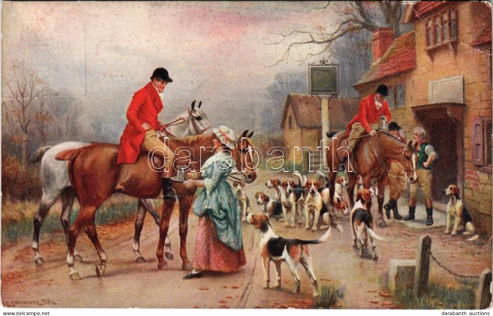 ** T2/T3 Lovasok és Vadászkutyák / Hunters With Dogs. Artist Signed (EB) - Unclassified