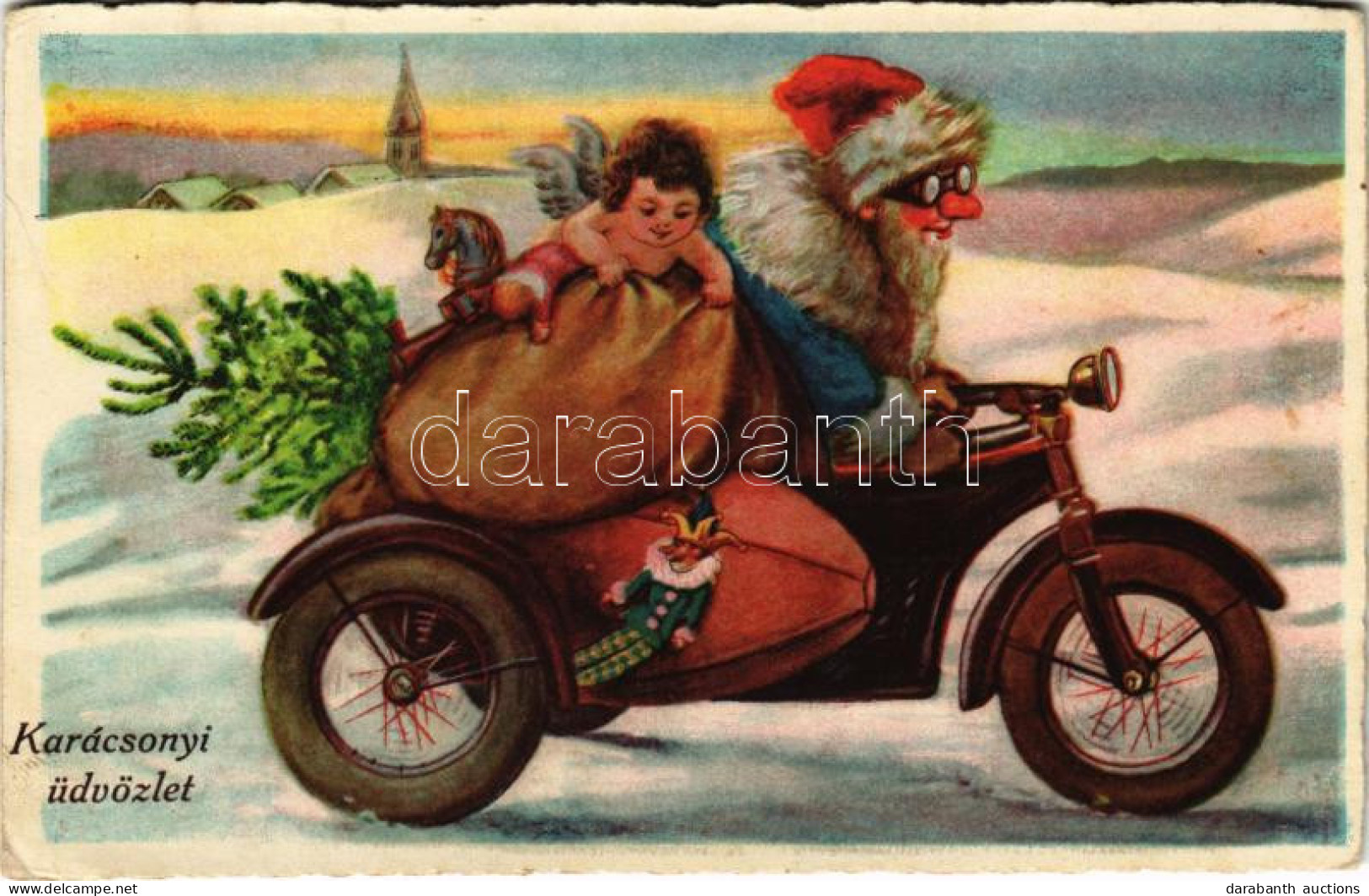 * T2/T3 1931 Karácsonyi üdvözlet, Motorkerékpáros Mikulás / Christmas Greeting, Saint Nicholas Riding On A Motorbicycle. - Sin Clasificación