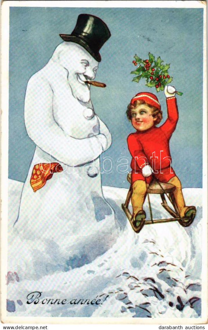 T2/T3 1910 Bonne Année! / New Year Greeting Art Postcard With Snowman Smoking A Cigar, Child With Sled. B.K.W.I. 2786-5. - Ohne Zuordnung