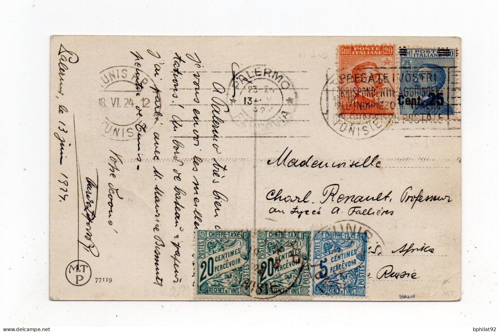 !!! CPA DE PALERME DE 1924 TAXEE A TUNIS - Strafport