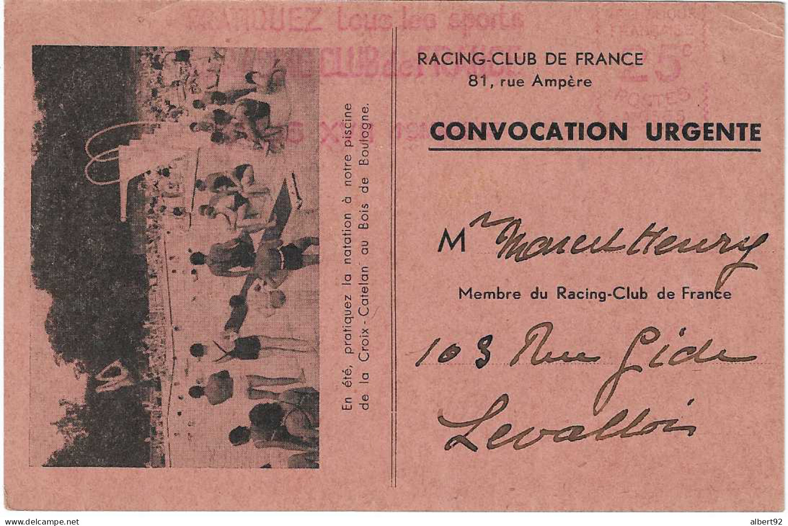 1936 EMA "Racing Club De France" Sur Convocation. (n° A 0565) Club Omnisports: Football, Athlétisme, Rugby... - Clubs Mythiques