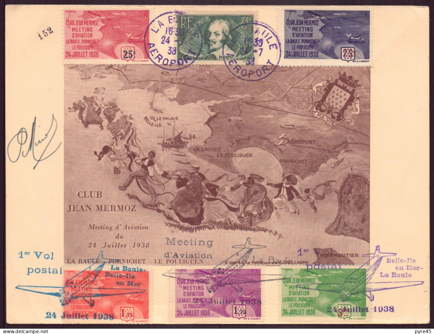 France, Carton Commémoratif, 1938 " 1er Vol Postal La Baule, Belle-Ile -en-Mer " - Andere & Zonder Classificatie