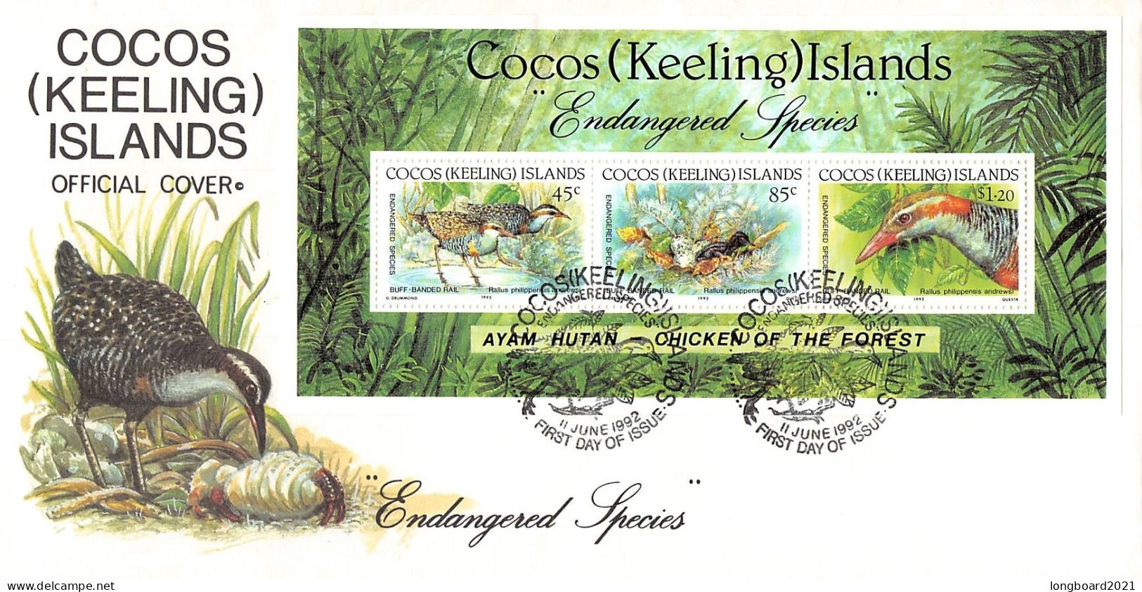 COCOS ISLANDS - FDC 1992 WWF - BUFF BANDED RAIL / 4030 - Cocos (Keeling) Islands