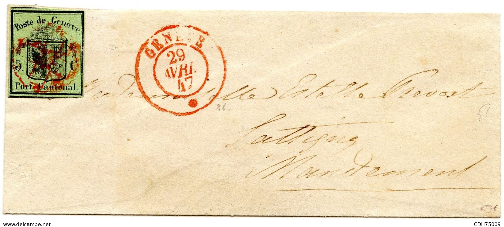 SUISSE - Z5 5C PETIT AIGLE BELLES MARGES SUR LETTRE DE GENEVE - CERTIFICAT ED. ESTOPPEY - TIMBRE DECOLLE POUR EXPERTISE - 1843-1852 Federale & Kantonnale Postzegels