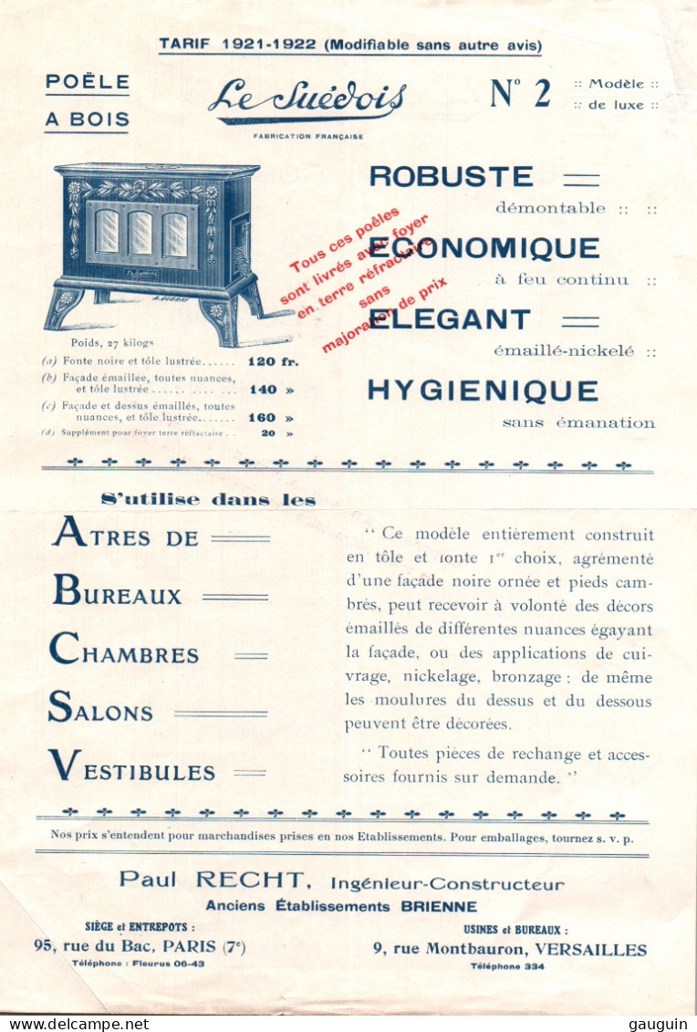 Lettre Commerciale - TARIF 1921/22- Constructeur P.RECHT - Poêle à Bois "Le Suédois" - PARIS 7è - Usine à VERSAILLES - Electricité & Gaz