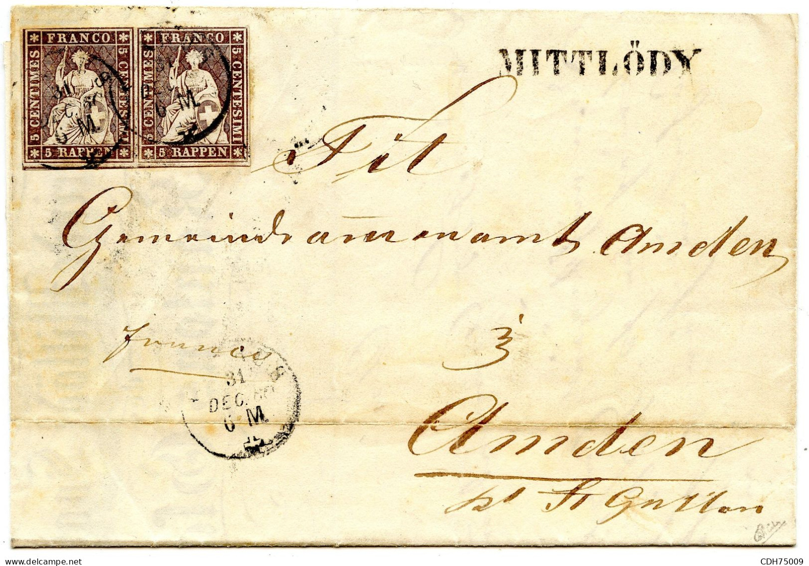 SUISSE - 5 RPX2 SUR LETTRE DE MITTLODY POUR AMDEN, 1860 - Lettres & Documents