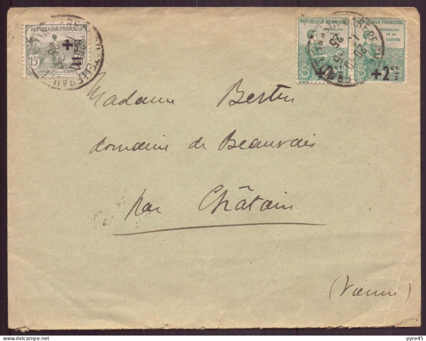 France, 1925, Enveloppe Pour Chatain, 2 TP N° 163 + 1 TP 164 ( Côte 15€ ) - Altri & Non Classificati