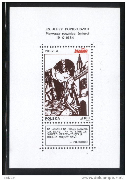 POLAND SOLIDARITY POCZTA SOLIDARNOSC 1984 SAINT JERZY POPIELUSZKO 1ST DEATH ANNIV MS CHRISTIANITY RELIGION PRIEST MARTYR - Vignettes Solidarnosc