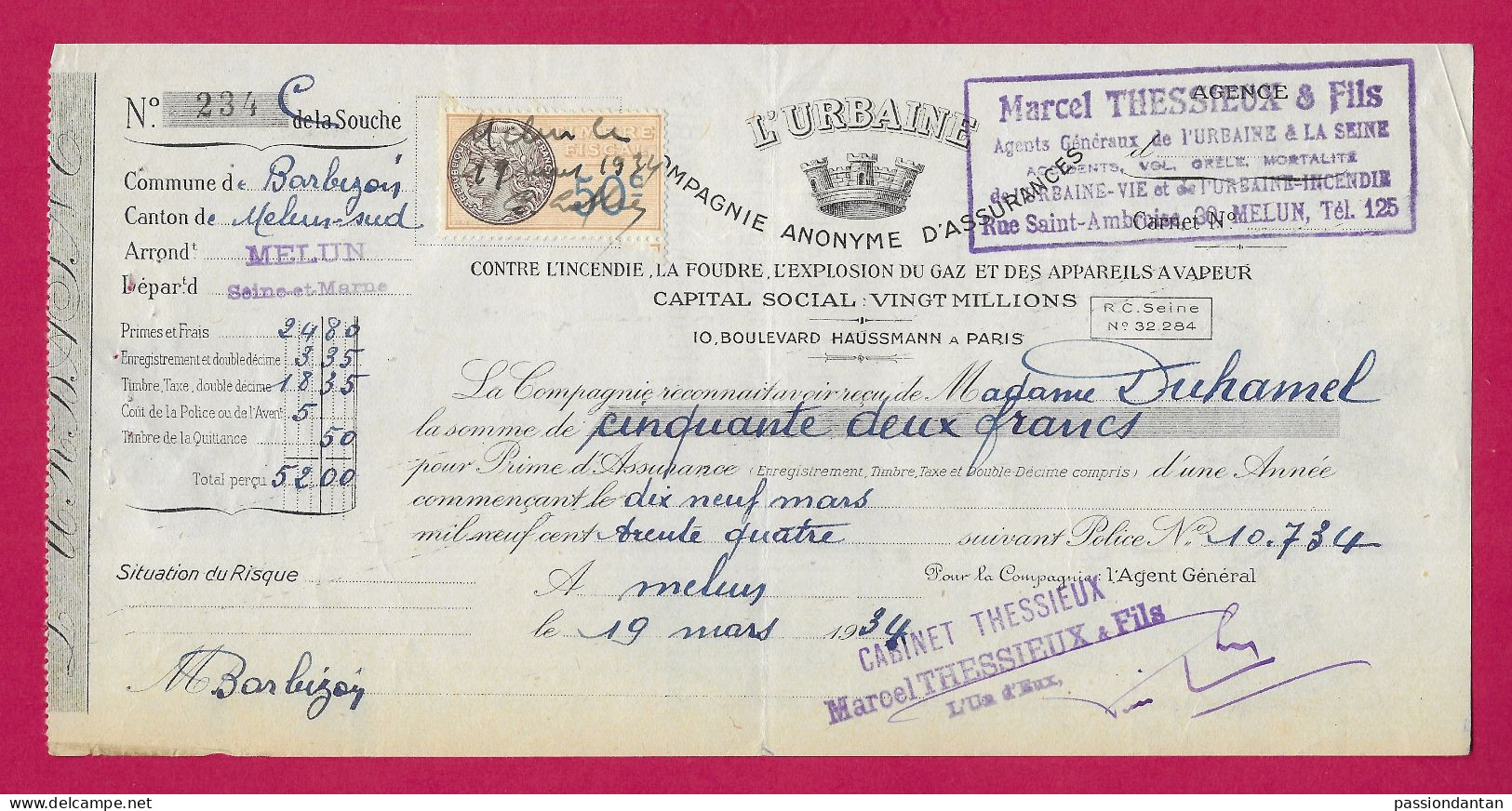 Lettre De Change De La Maison D'Assurance Marcel Thessieux Sise à Melun - Document Daté Du 19 Mars 1934 - Bank En Verzekering