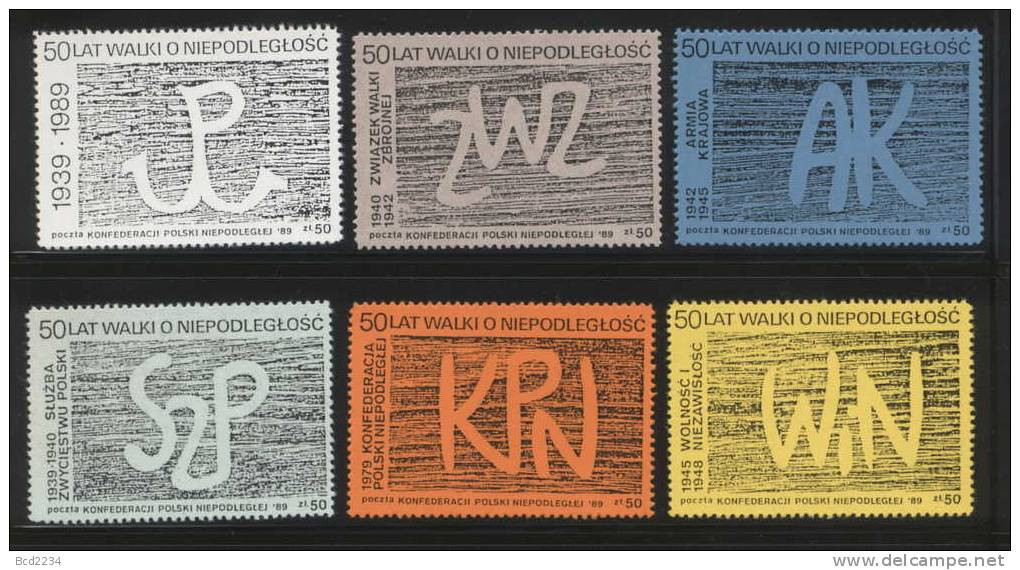 POLAND SOLIDARITY SOLIDARNOSC (KPN) 1989 50 YRS OF FREEDOM FIGHTING SET OF 6 (SOLID0023/0464B) - Vignettes Solidarnosc