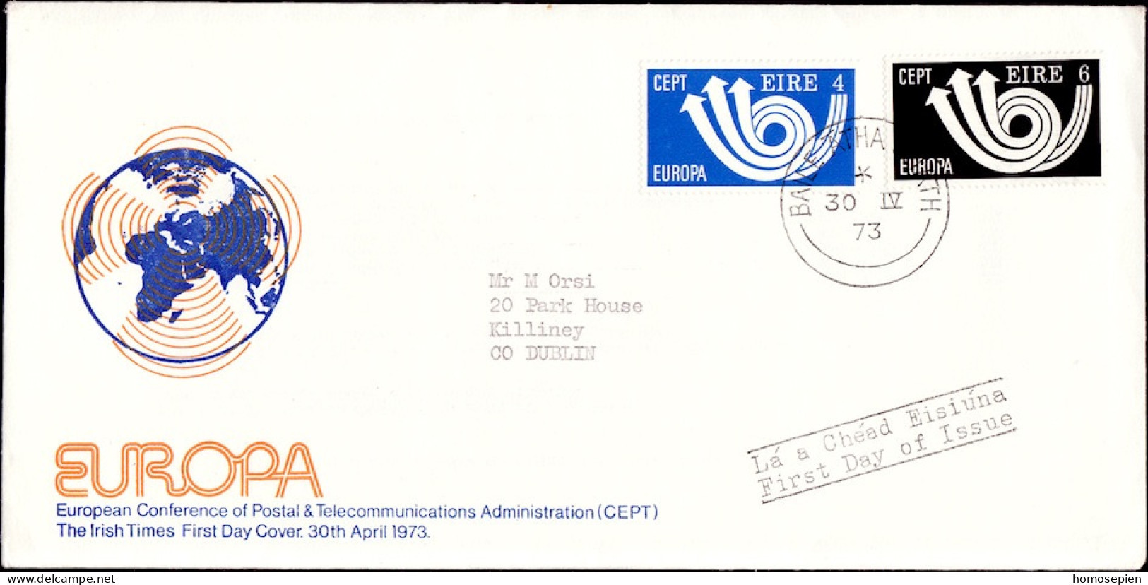 Irlande - Ireland - Irland FDC5 1973 Y&T N°291 à 292 - Michel N°289 à 290 - EUROPA - FDC