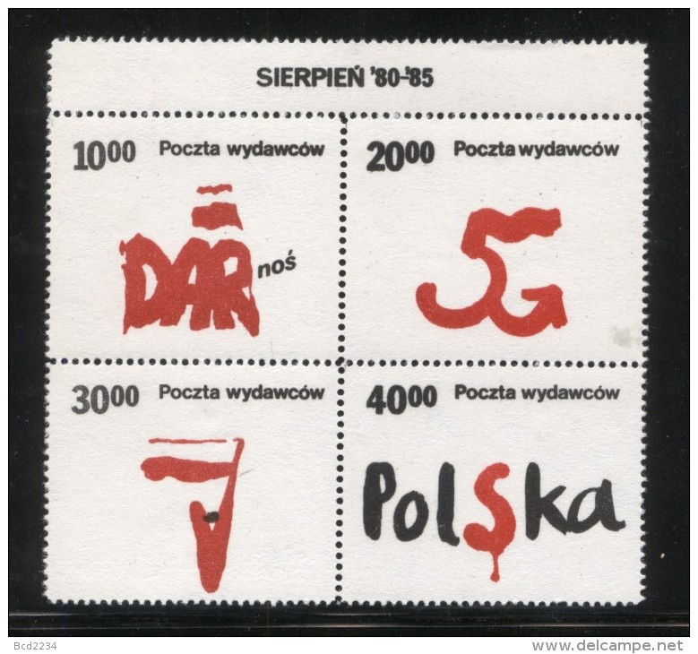 POLAND SOLIDARITY SOLIDARNOSC POCZTA WYDAWCOW 1985 UNDERGROUND SYMBOLS AUGUST 1980-85 BLOCK OF 4 - Solidarnosc-Vignetten