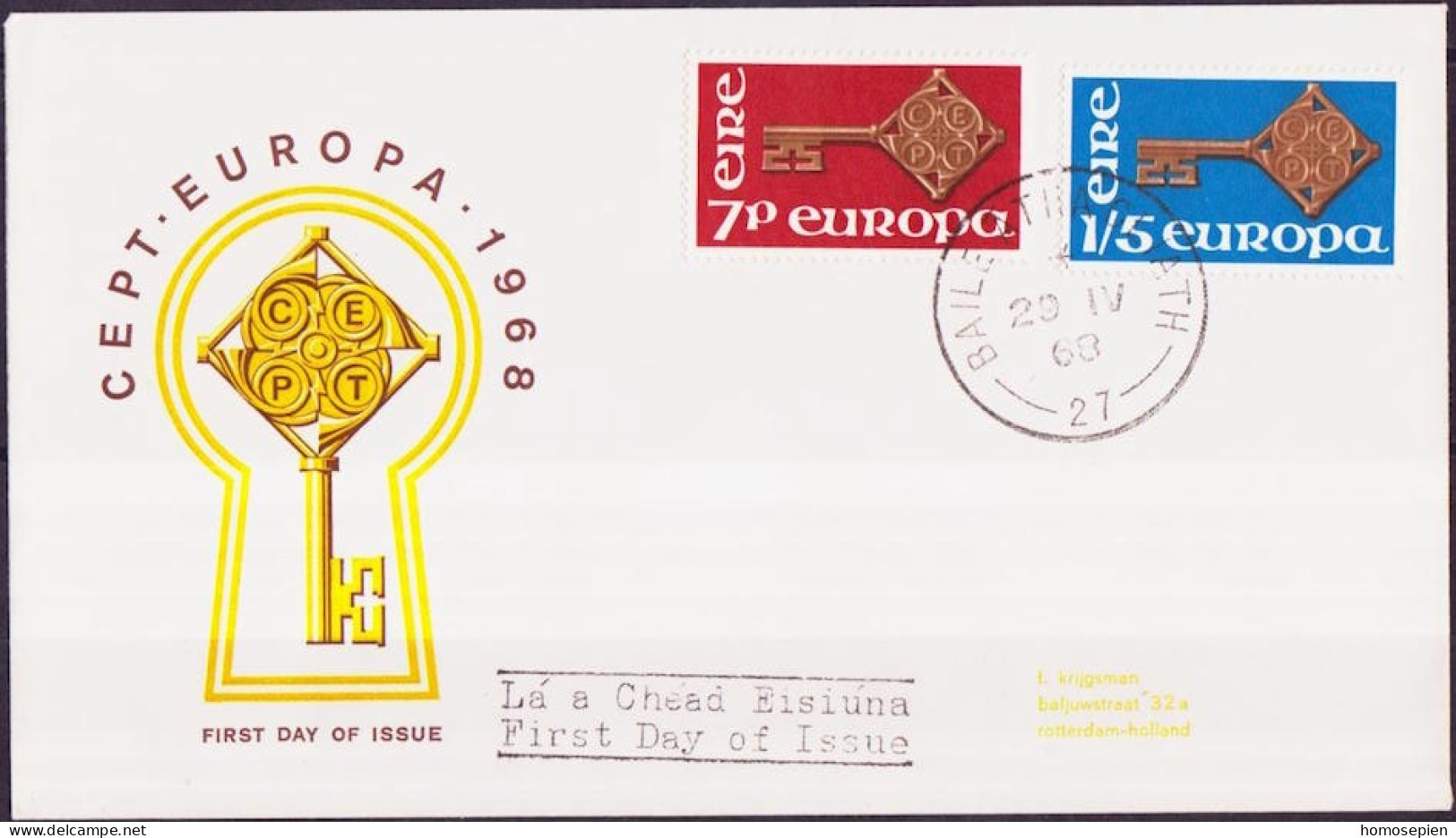 Irlande - Ireland - Irland FDC4 1968 Y&T N°203 à 204 - Michel N°202 à 203 - EUROPA - FDC