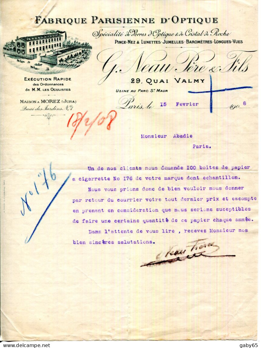 FACTURE.PARIS.FABRIQUE PARISIENNE D'OPTIQUES.G.NEAU PERE & FILS 29 QUAI VALMY.USINE AU PARC SAINT MAUR. - Transportmiddelen