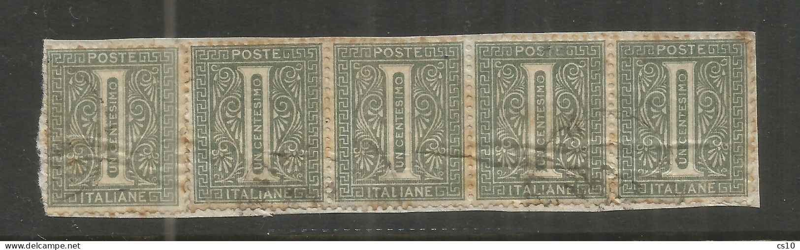 Italia Regno 1863 Cifra C.1 DLR Striscia Di 4+1 Su Minimo Frammento - Datario Piccolo - Lotti E Collezioni