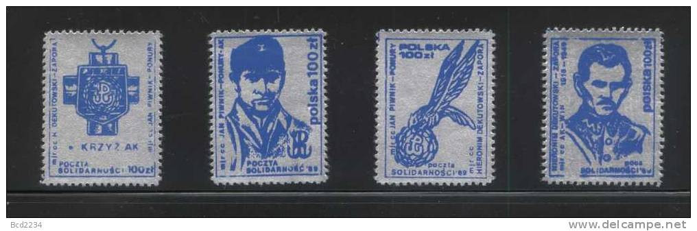 POLAND SOLIDARNOSC (POCZTA SOLIDARNOSC) 1989 WW2 UNDERGROUND LEADERS SET OF 4  SILVER PERF (SOLID0037/0610) - Vignettes Solidarnosc