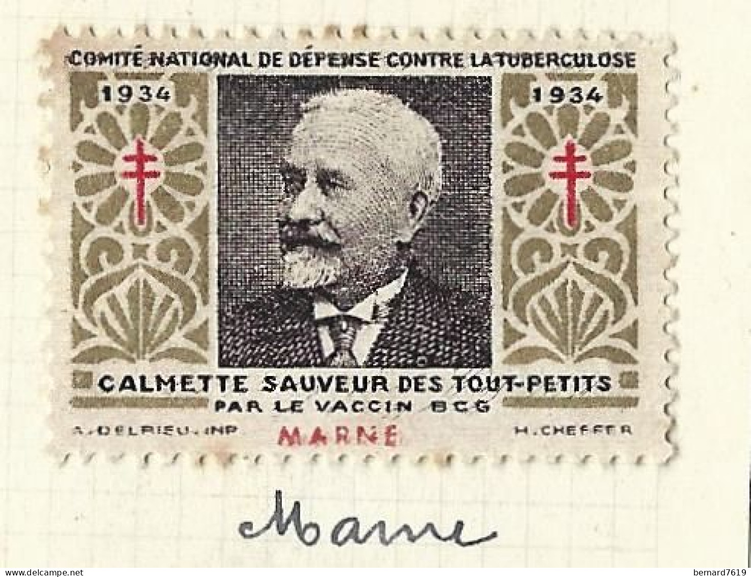 Timbre   France- - Croix Rouge - Erinnophilie -comIte National De Defense  La Tuberculose -1934- Calmette - Marne - Antituberculeux