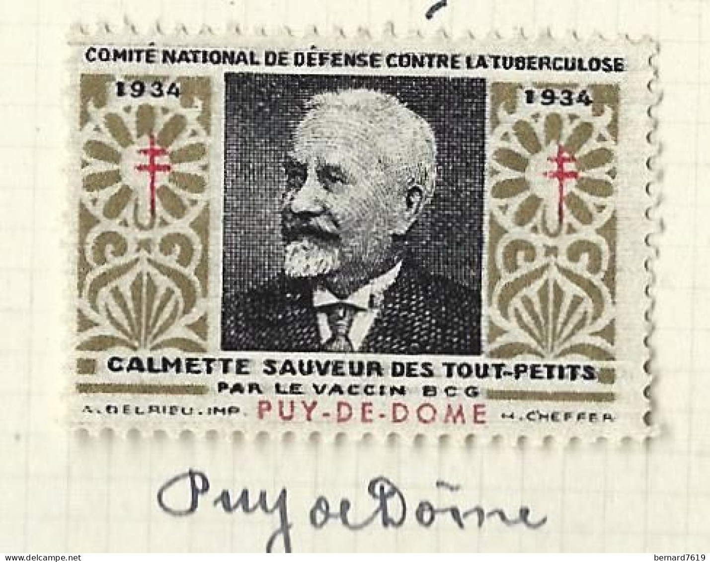 Timbre   France- - Croix Rouge - Erinnophilie -comIte National De Defense  La Tuberculose -1934- Calmette - Puy De Dome - Antituberculeux