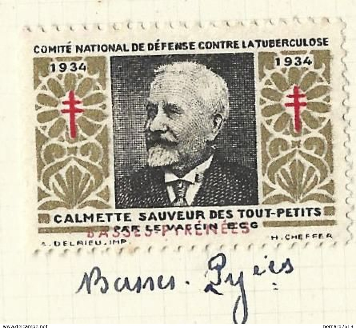 Timbre   France- - Croix Rouge - Erinnophilie -comIte National De Defense  La Tuberculose -1934- Calmette - 64 Pyrenees - Tuberkulose-Serien