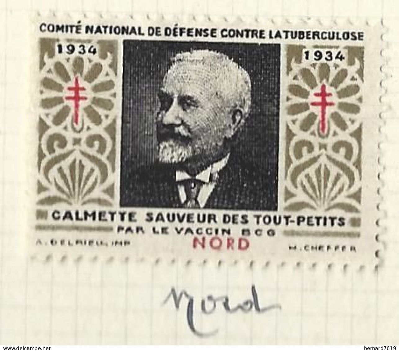 Timbre   France- - Croix Rouge - Erinnophilie -comIte National De Defense  La Tuberculose -1934- Calmette -59 Nord - Tegen Tuberculose