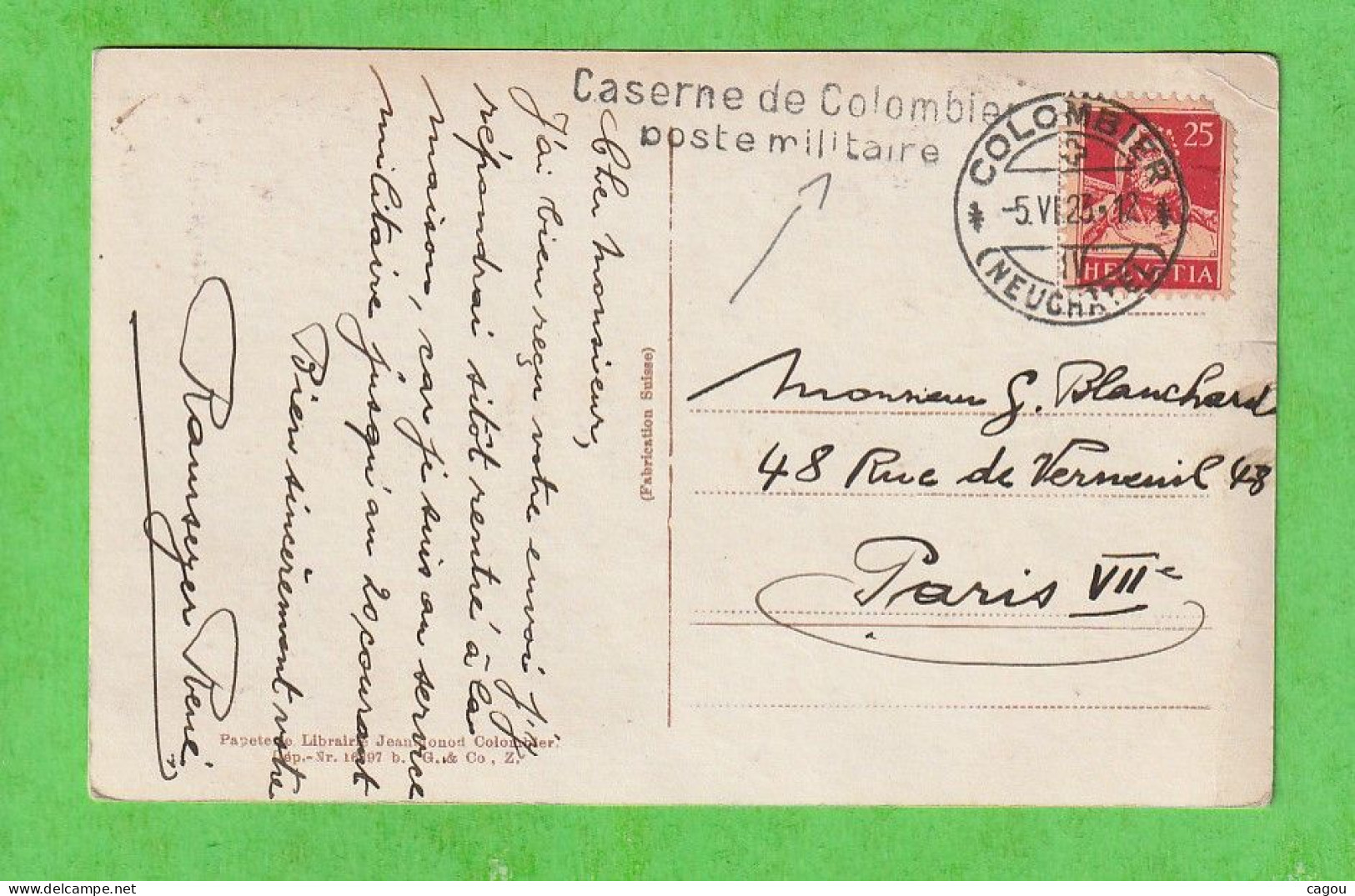 GRIFFE LINEAIRE CASERNE DE COLOMBIER POSTE MILITAIRE + CT COLOMBIER (NEUCHATEL) DE 1923 SUR CARTE COLOMBIER SUISSE - Poststempel