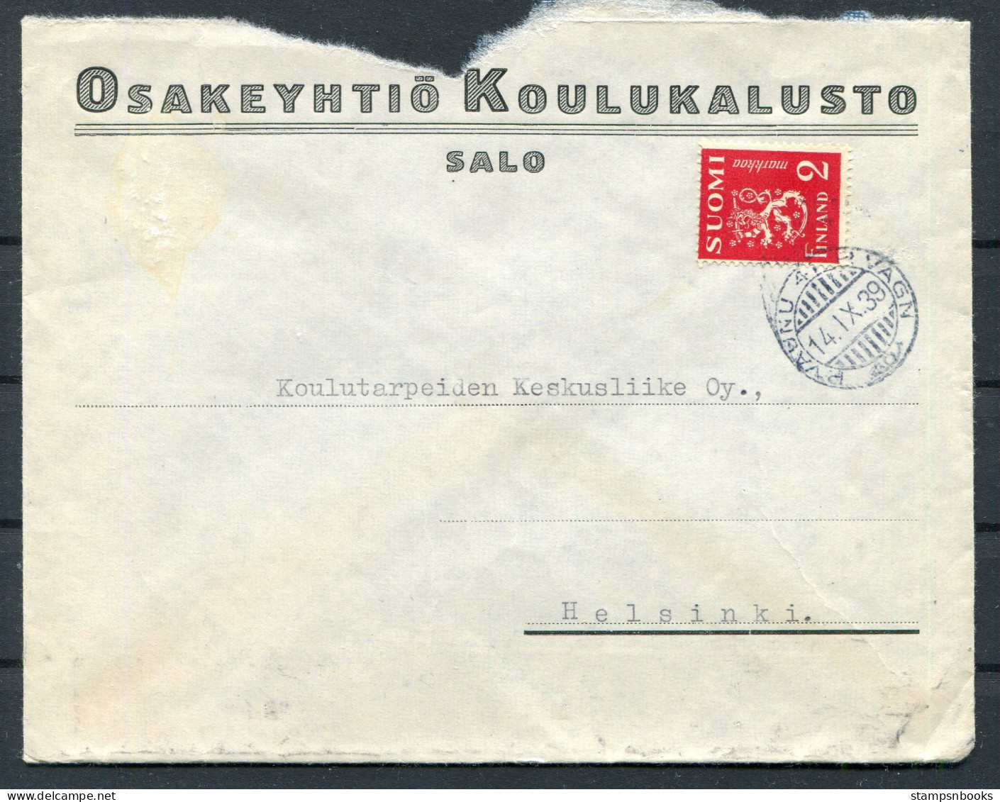 1939 Finland Railway TPO Cover Salo - Helsinki. Olympic Machine Slogan  - Brieven En Documenten