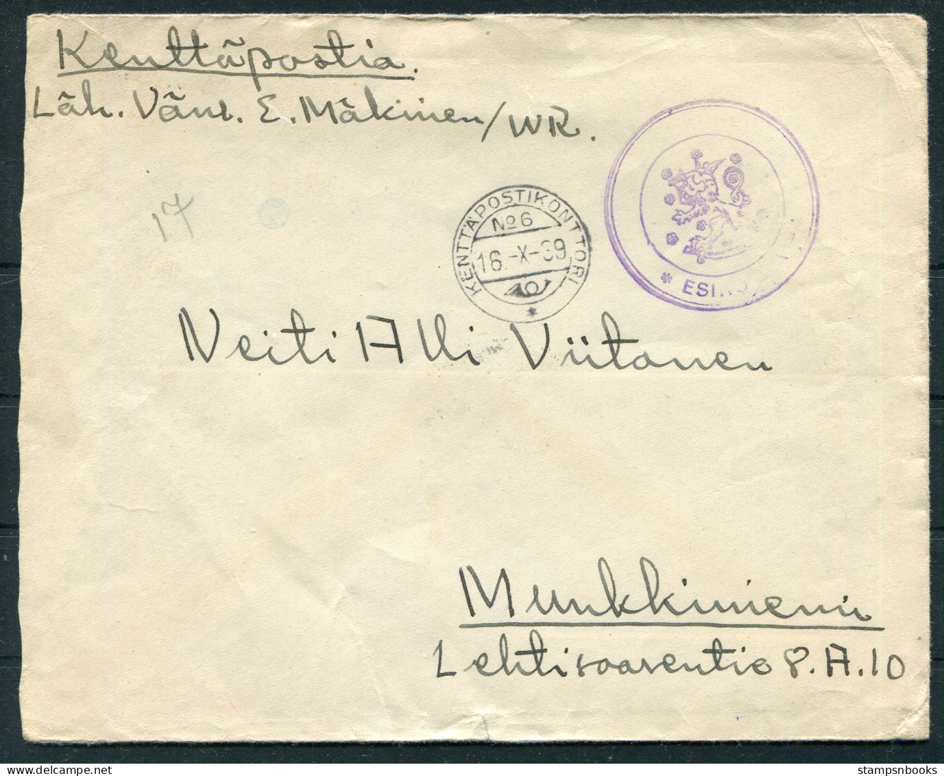 1939 Finland Kenttapostia Feldpost Fieldpost Cover  - Storia Postale