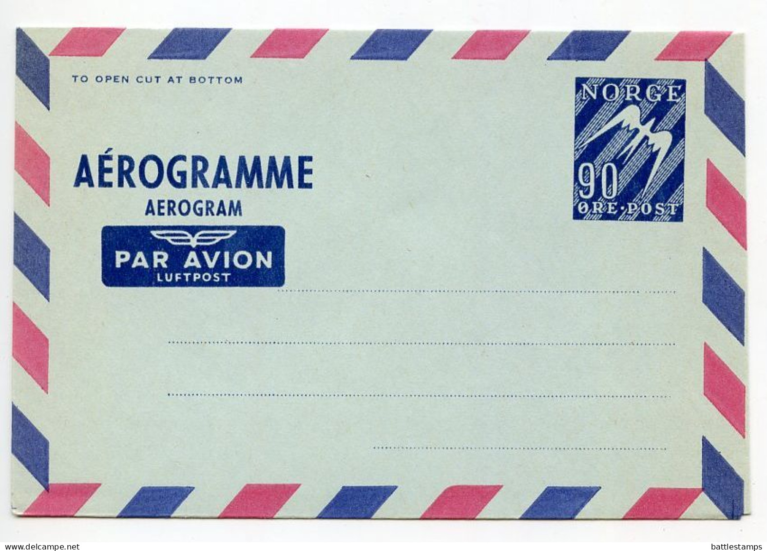 Norway 1960's Mint Aeogramme - 90o. Bird - Enteros Postales