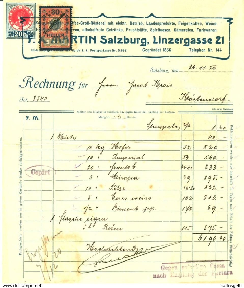 Österreich SALZBURG 1920 Jugendstil-Rechnung + EINGEDRUCKTE Fiskalmarke (Ganzsache) " Kaffeerösterei Martin Linzerg.21 " - Autriche