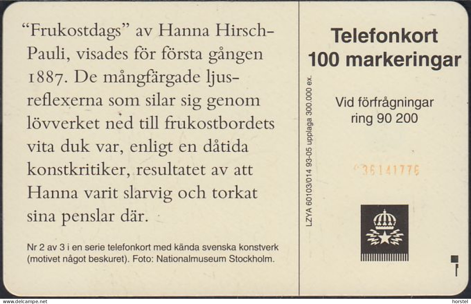 Schweden Chip 038 (60103/014)  Art: Hanna Hirsch Pauli: Breakfast - Stockholm Museum 2/3 - SC7 - 100 Units - C36141776 - Sweden