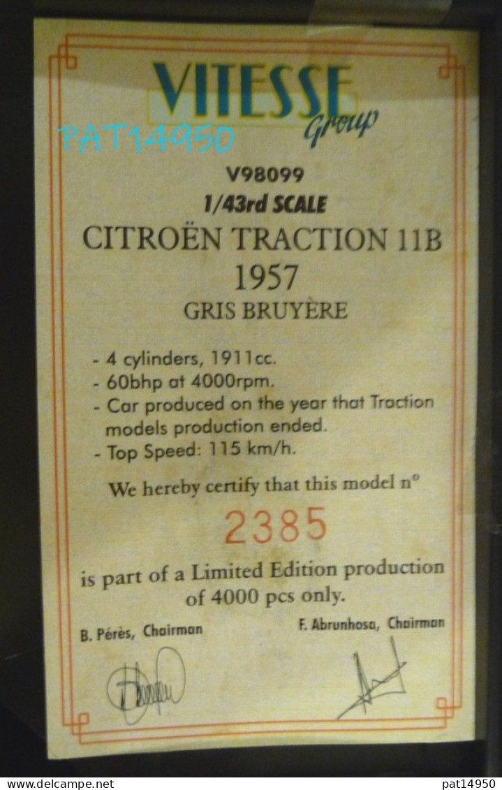 PAT14950 CITROEN TRACTION 11B GRISE  Marque VITESSE - Vitesse