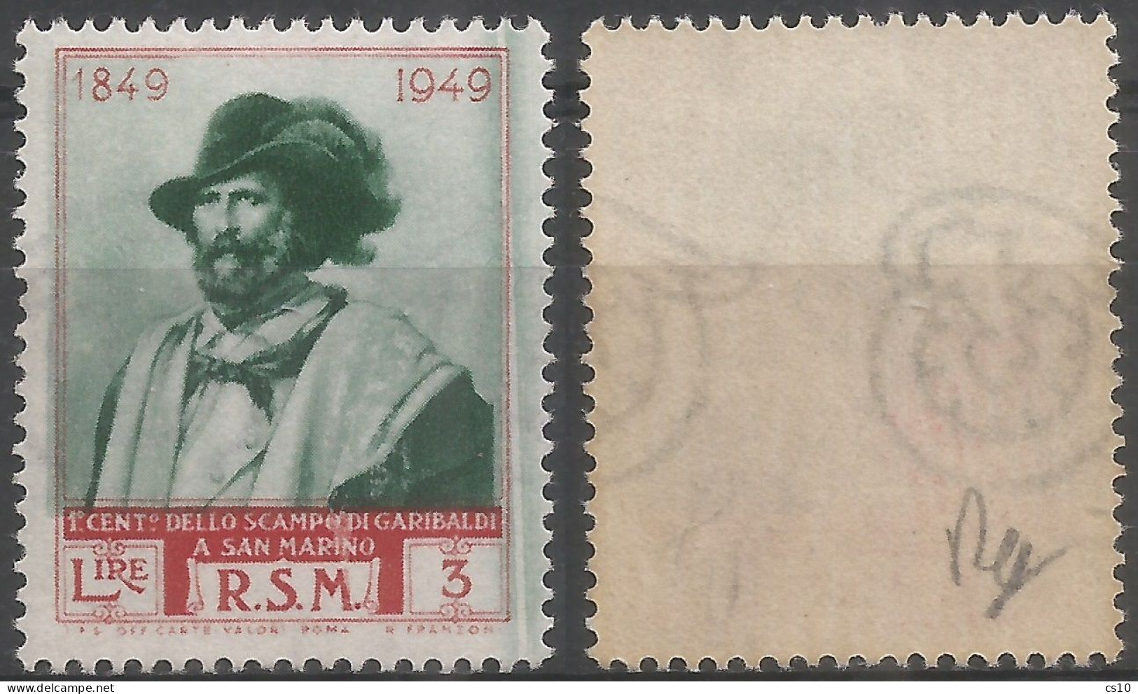 S.Marino 1949 Ritirata Garibaldi II° Tiratura 1952 L.3 MNH ** Fil. Ruota 3° Tipo Varietà TAGLIO CHIRURGICO - Collections, Lots & Séries