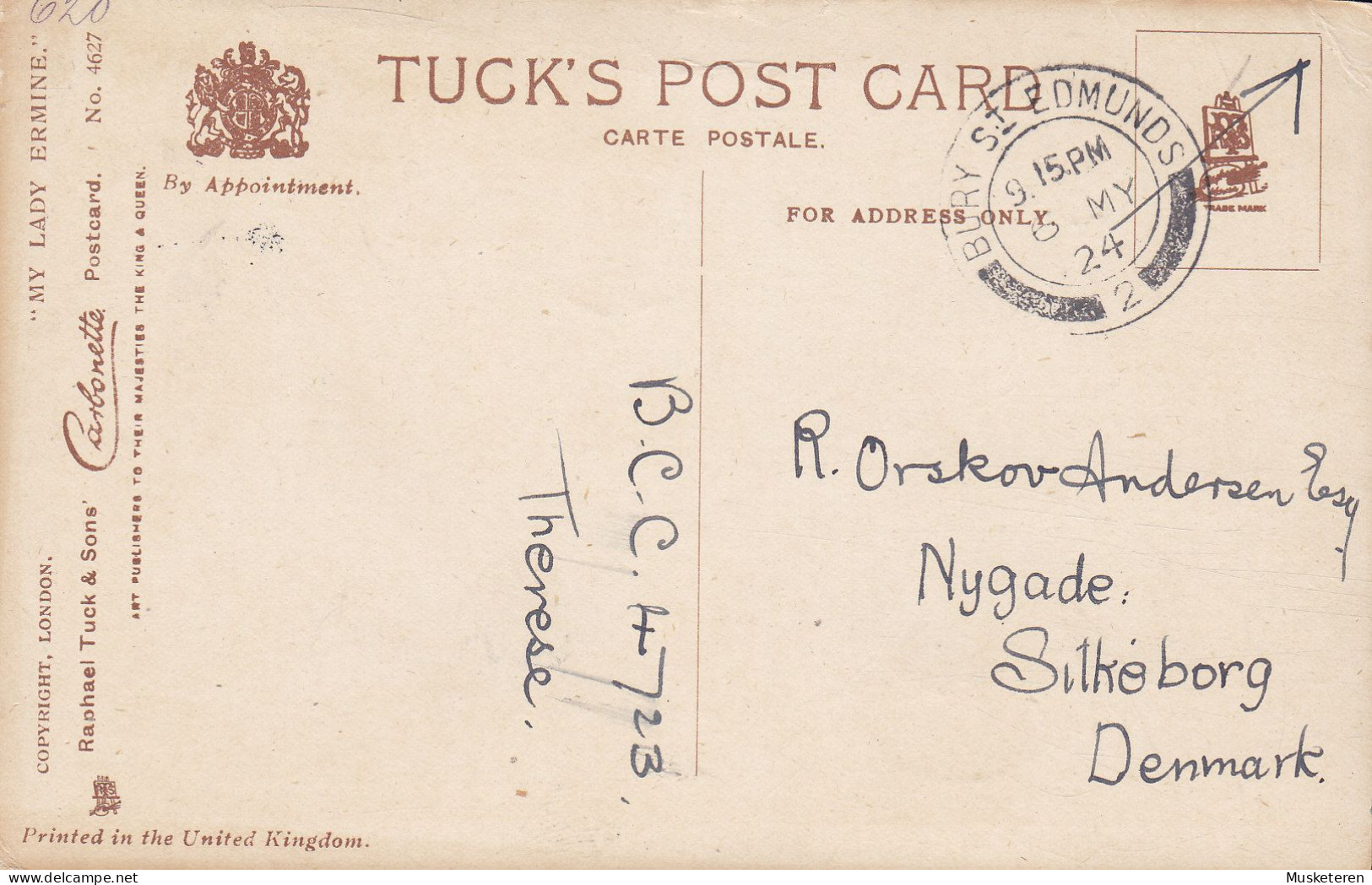 United Kingdom PPC 'My Lady Ermine' Raphael Tuck 'Carbonette' No. 4627 Maximum Frontside Franked BURY ST. EDMUNDS 1924 - Mode