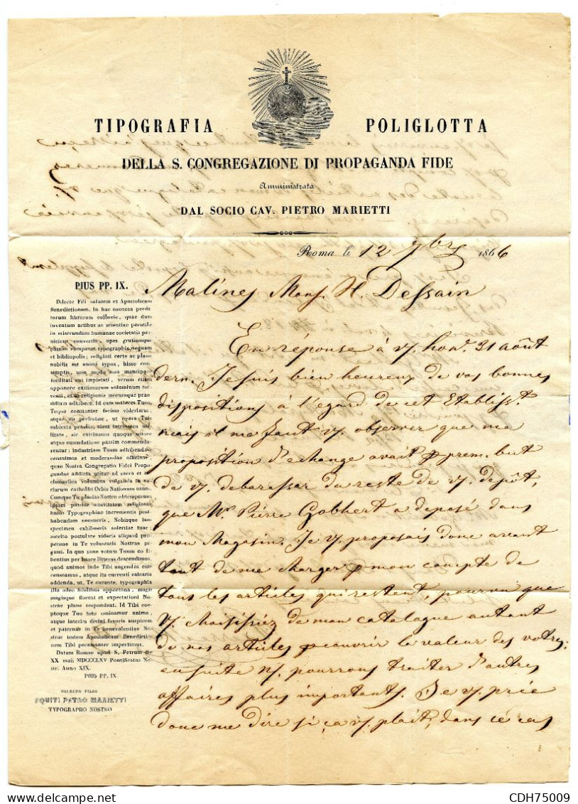 ITALIE - ROMA + F./25 SUR LETTRE AVEC CORRESPONDANCE POUR MALINES, 1866 - Papal States