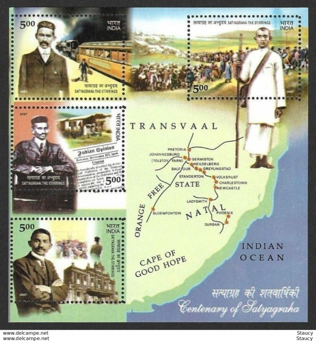 INDIA 2007 Mahatma Gandhi Satyagraha South Africa Map 4v MS Miniature Sheet MNH P.O Fresh & Fine - Unused Stamps