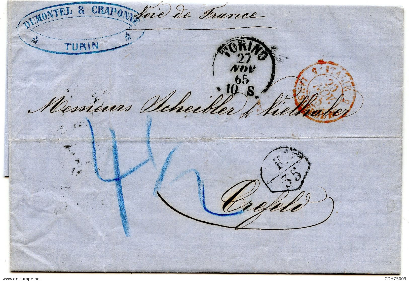 ITALIE - TORINO + F./35 SUR LETTRE AVEC CORRESPONDANCE DE TURIN POUR CREFELD VOIE DE FRANCE, 1865 - Sardaigne