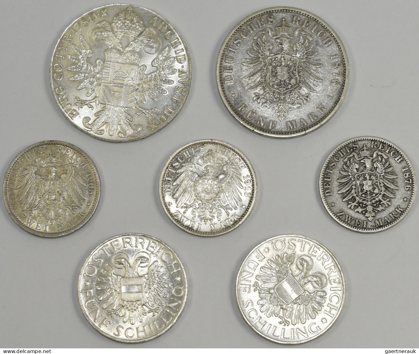 Alle Welt: Lot 7 Silbermünzen; Württemberg 5 Mark 1876, Preußen 2 Mark 1876, 190 - Collections & Lots