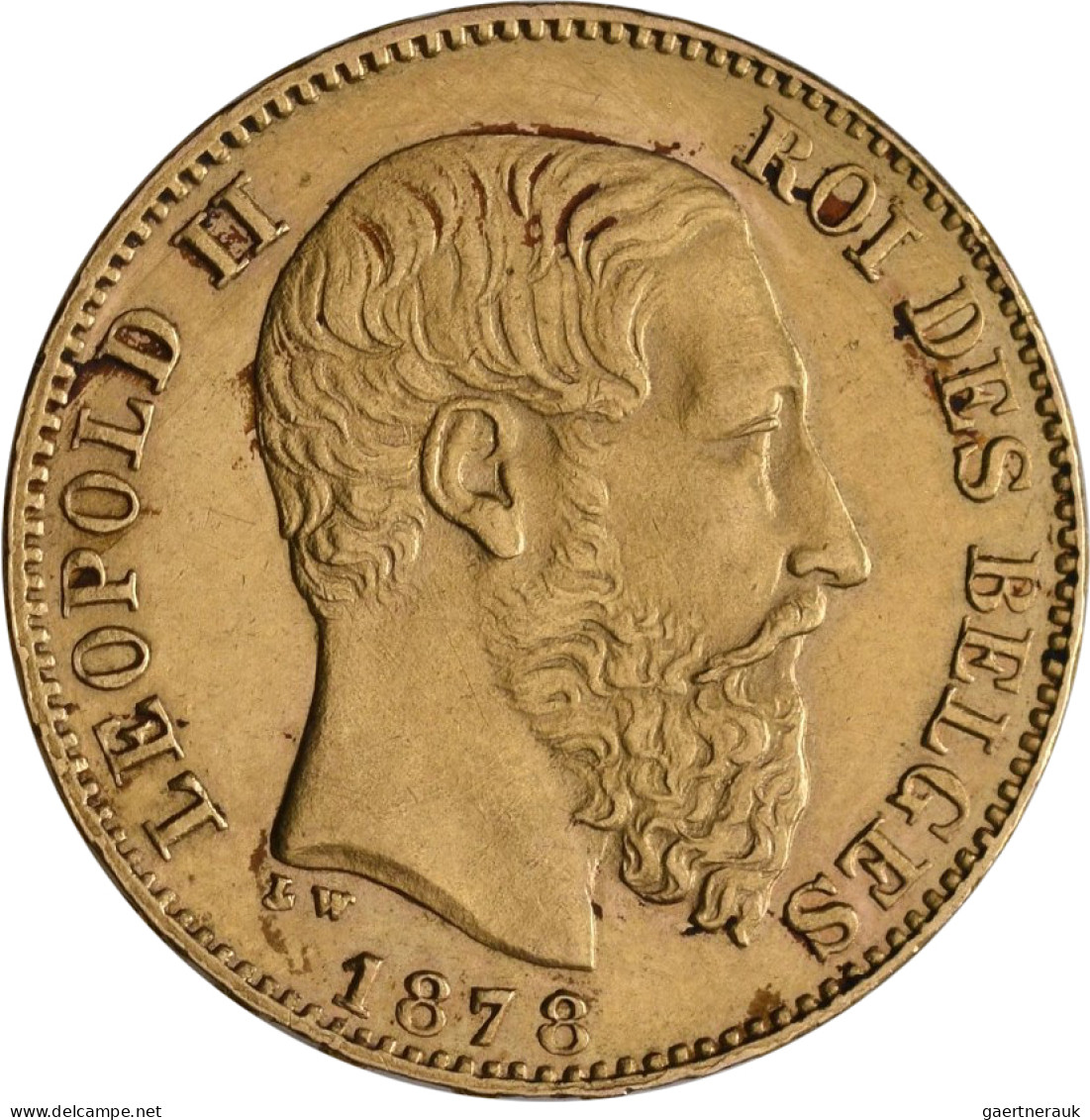 Belgien - Anlagegold: Leopold II. 1865-1909: 20 Francs 1878 LW, KM# 37, Friedber - Autres & Non Classés