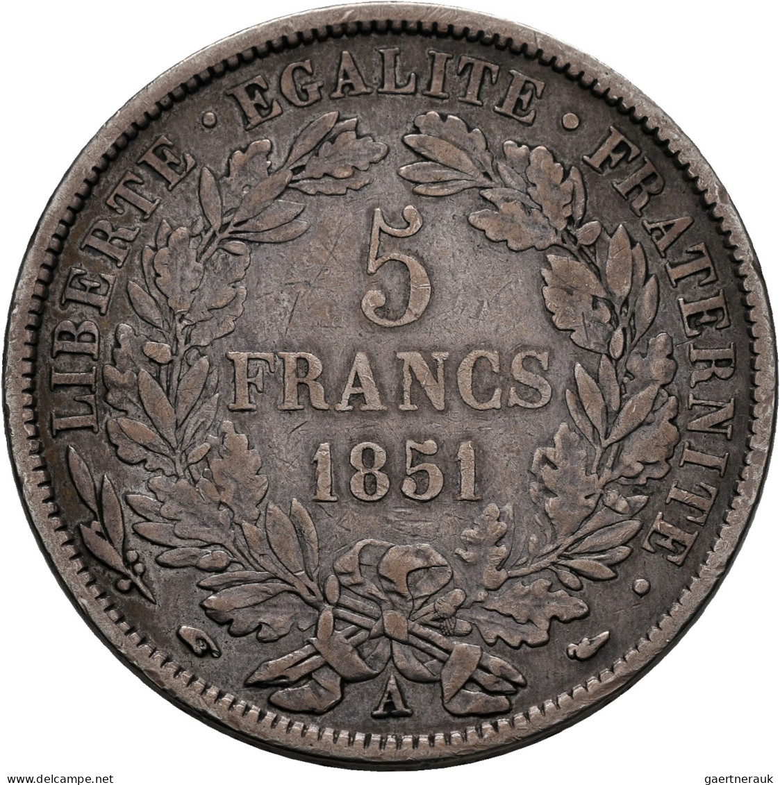 Frankreich: 2. Republik 1848-1852: 5 Francs 1851 A. KM# 761.1, Gadoury 719, Dave - Andere & Zonder Classificatie