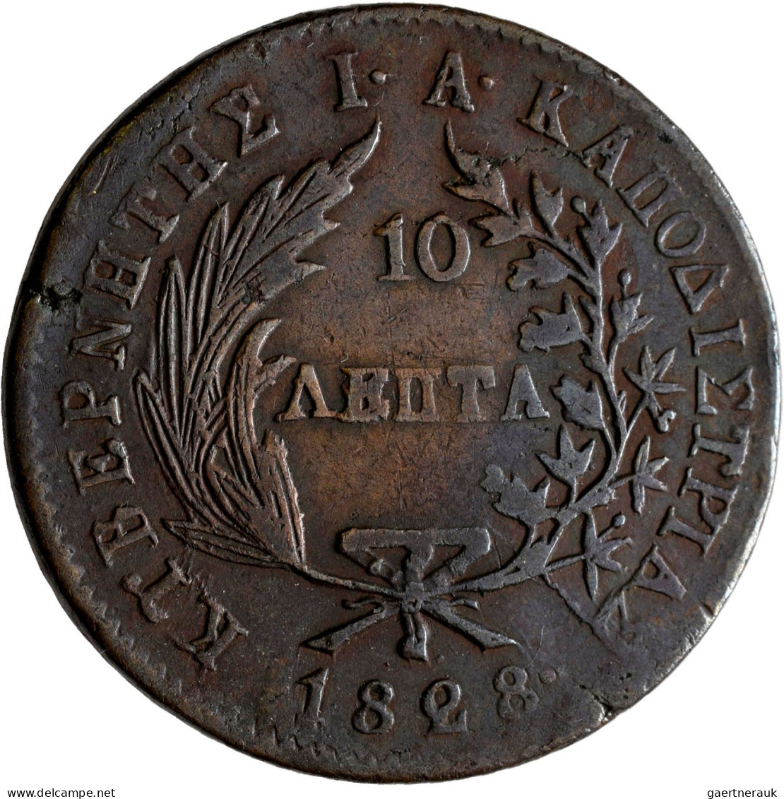 Griechenland: 10 Lepta 1828. KM# 3. Leichte Prägeschwäche, Schrötlingsfehler, Hü - Grecia