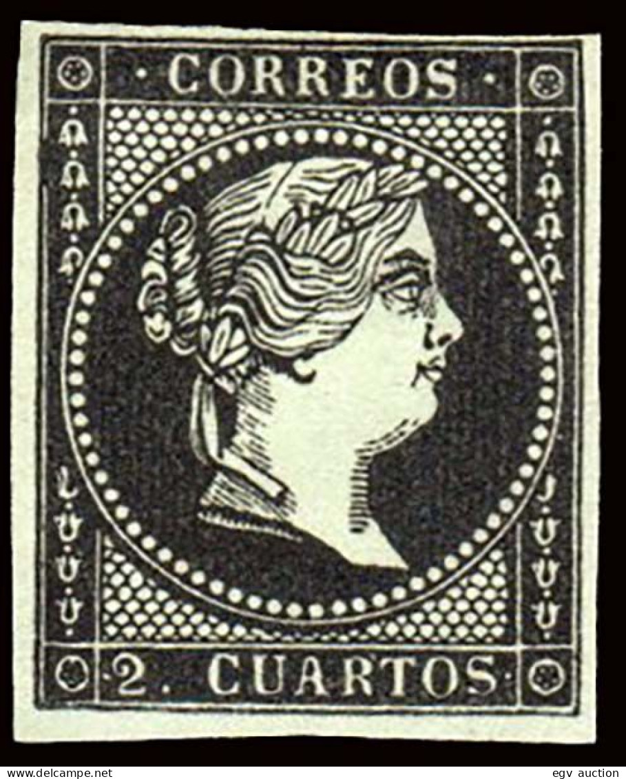 España - (*) - Isabel II - Ensayo Color - 2 Cuartos Negro Sobre Papel Verde - Gálvez 160 - Neufs