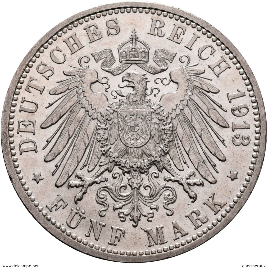 Baden: Friedrich II. 1907-1918: 5 Mark 1913 G, Jaeger 40, Feine Kratzer, Vorzügl - Taler En Doppeltaler